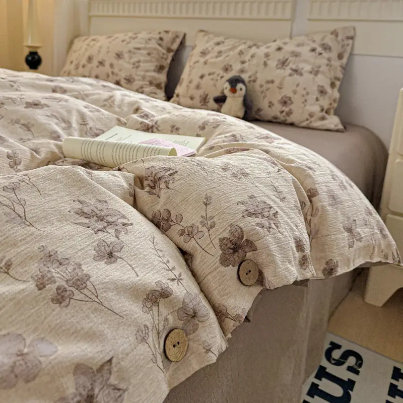 New Retro-Style Buttoned Linen Cotton Four-Piece Set Pure Cotton Single Bed Sheet Duvet Cover Dormitory Bedding