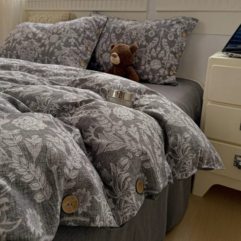 New Retro-Style Buttoned Linen Cotton Four-Piece Set Pure Cotton Single Bed Sheet Duvet Cover Dormitory Bedding