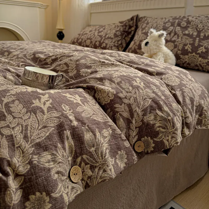 New Retro-Style Buttoned Linen Cotton Four-Piece Set Pure Cotton Single Bed Sheet Duvet Cover Dormitory Bedding