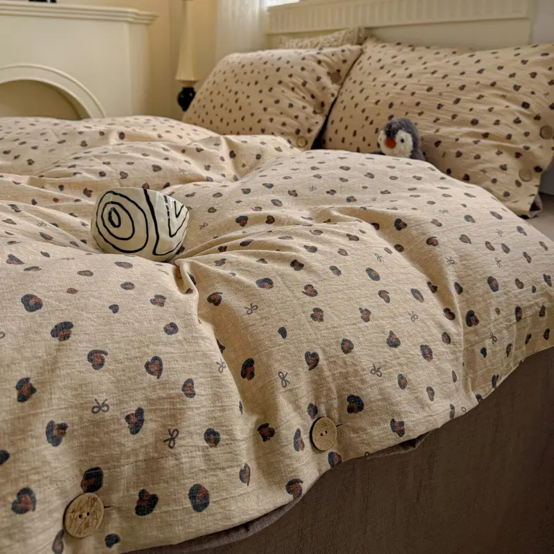 New Retro-Style Buttoned Linen Cotton Four-Piece Set Pure Cotton Single Bed Sheet Duvet Cover Dormitory Bedding