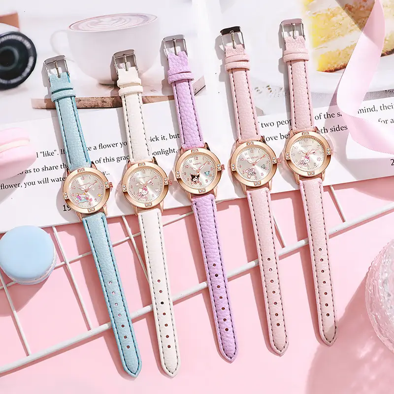 Foreign Trade Hot-Selling Rose Gold Diamond-Encrusted Leather Strap Middle School Student Watch for Women, Sanrio Quartz Watch, Cross-Border Wholesale in Stock