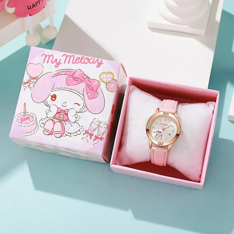 Foreign Trade Hot-Selling Rose Gold Diamond-Encrusted Leather Strap Middle School Student Watch for Women, Sanrio Quartz Watch, Cross-Border Wholesale in Stock