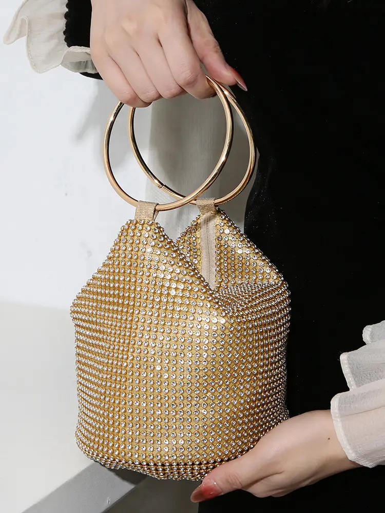 European and American Cross-Border 2025 New Model Pure Handmade Rhinestone Full Diamond Evening Bag Double Ring Handbag Ladies Evening Bag