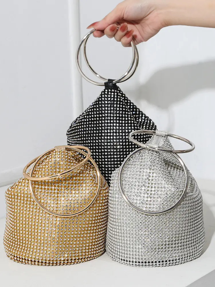 European and American Cross-Border 2025 New Model Pure Handmade Rhinestone Full Diamond Evening Bag Double Ring Handbag Ladies Evening Bag