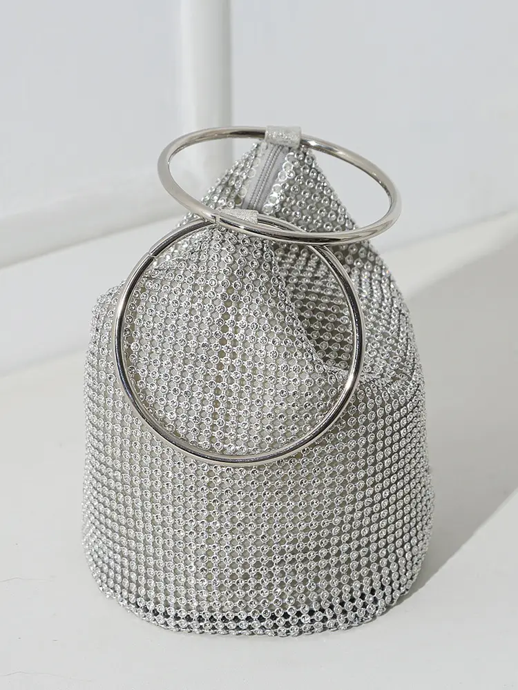 European and American Cross-Border 2025 New Model Pure Handmade Rhinestone Full Diamond Evening Bag Double Ring Handbag Ladies Evening Bag