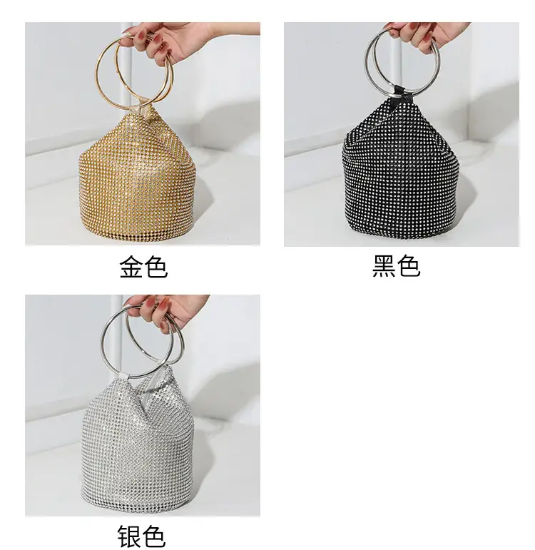 European and American Cross-Border 2025 New Model Pure Handmade Rhinestone Full Diamond Evening Bag Double Ring Handbag Ladies Evening Bag — feature 3