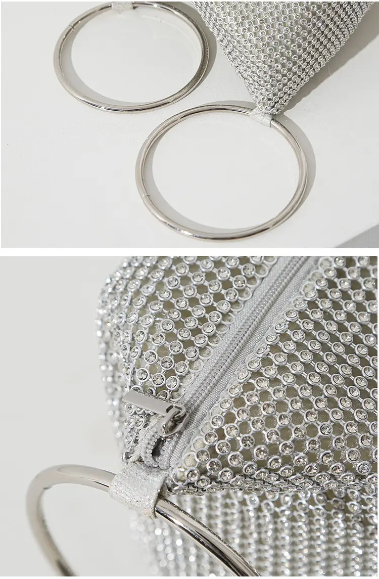 European and American Cross-Border 2025 New Model Pure Handmade Rhinestone Full Diamond Evening Bag Double Ring Handbag Ladies Evening Bag — feature 5