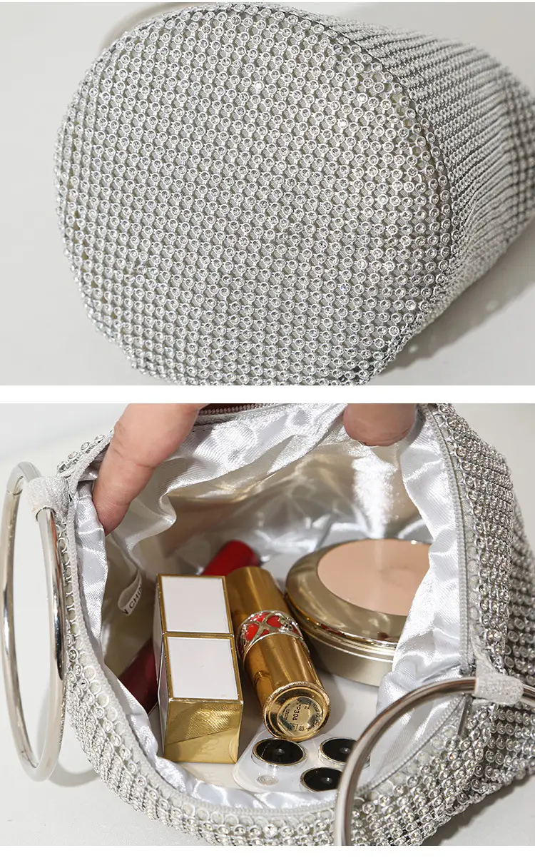 European and American Cross-Border 2025 New Model Pure Handmade Rhinestone Full Diamond Evening Bag Double Ring Handbag Ladies Evening Bag — feature 6