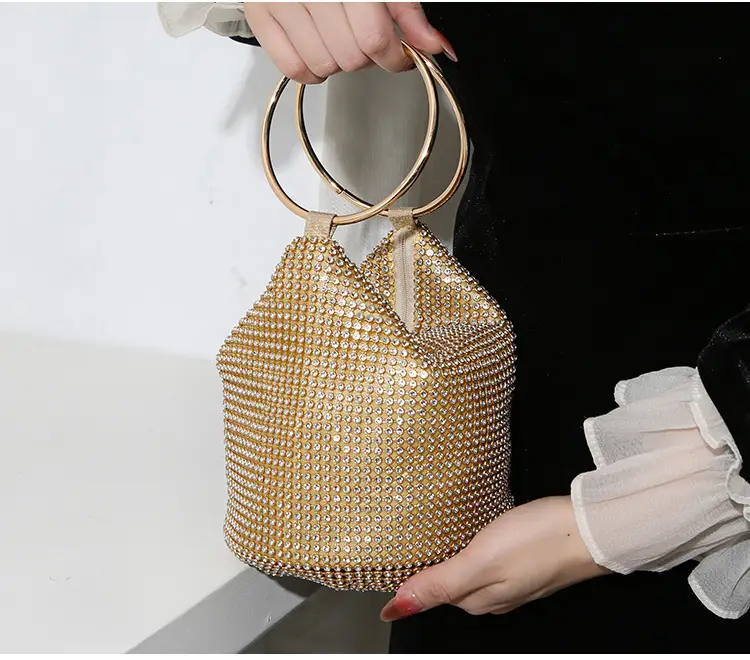 European and American Cross-Border 2025 New Model Pure Handmade Rhinestone Full Diamond Evening Bag Double Ring Handbag Ladies Evening Bag — feature 7