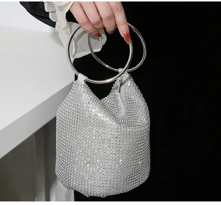 European and American Cross-Border 2025 New Model Pure Handmade Rhinestone Full Diamond Evening Bag Double Ring Handbag Ladies Evening Bag — feature 8