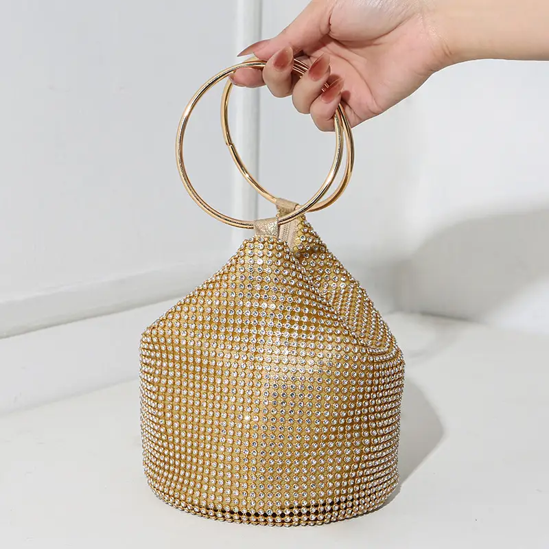 European and American Cross-Border 2025 New Model Pure Handmade Rhinestone Full Diamond Evening Bag Double Ring Handbag Ladies Evening Bag