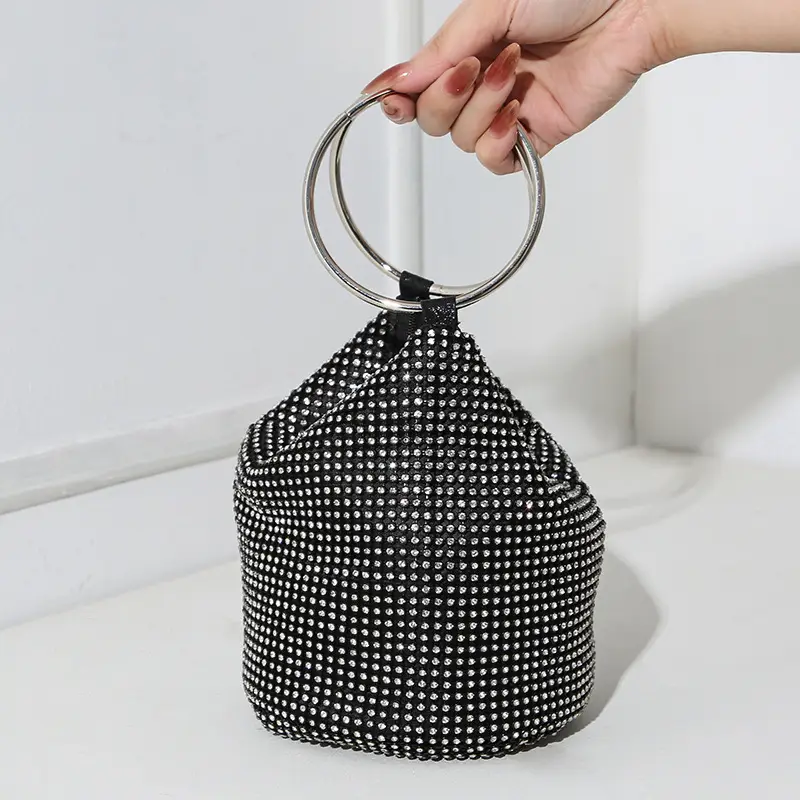 European and American Cross-Border 2025 New Model Pure Handmade Rhinestone Full Diamond Evening Bag Double Ring Handbag Ladies Evening Bag