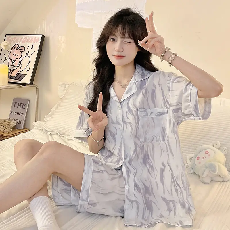 Wholesale Ice Silk Pajamas for Women, Summer Short-Sleeve, 2026 New Model, High-End, Thin, Loose, Cute Loungewear, Cross-Border