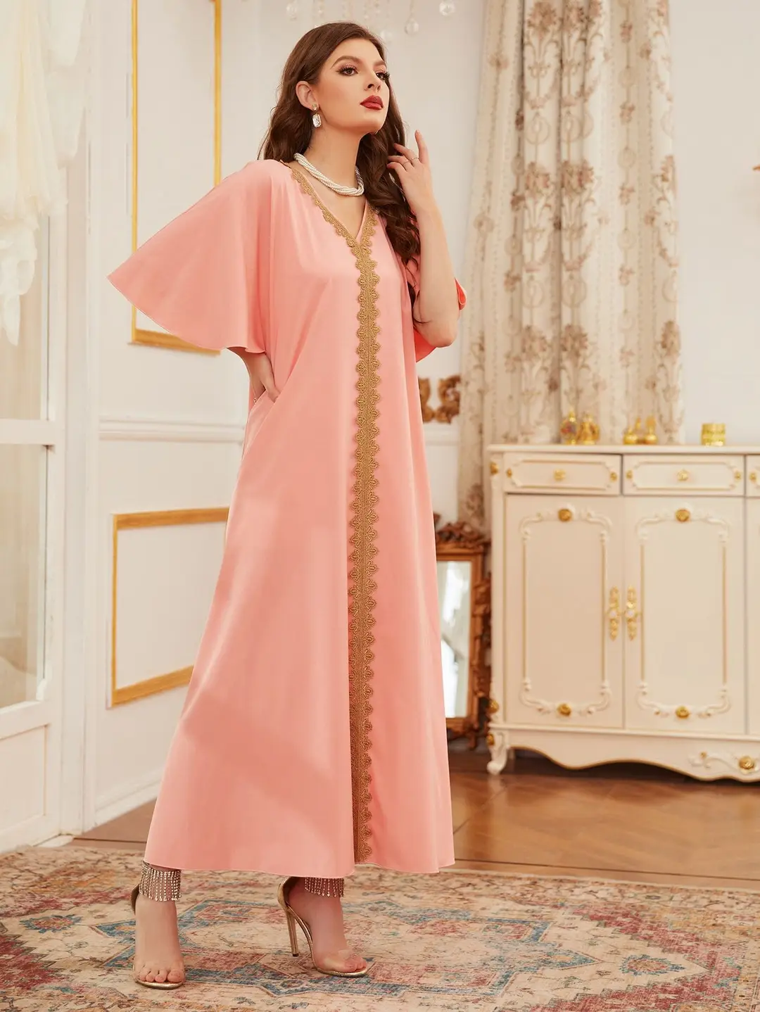 2025 Cross-Border European and American Foreign Trade Women's Ethnic Style Solid Color Dress with Appliqué Trim