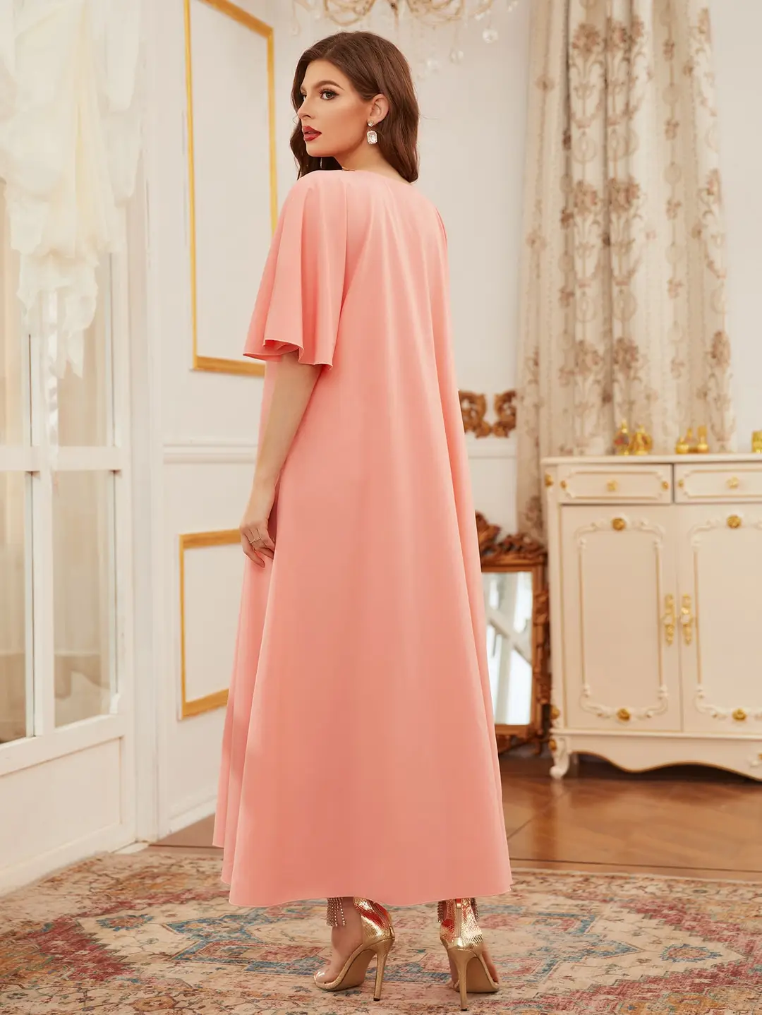 2025 Cross-Border European and American Foreign Trade Women's Ethnic Style Solid Color Dress with Appliqué Trim