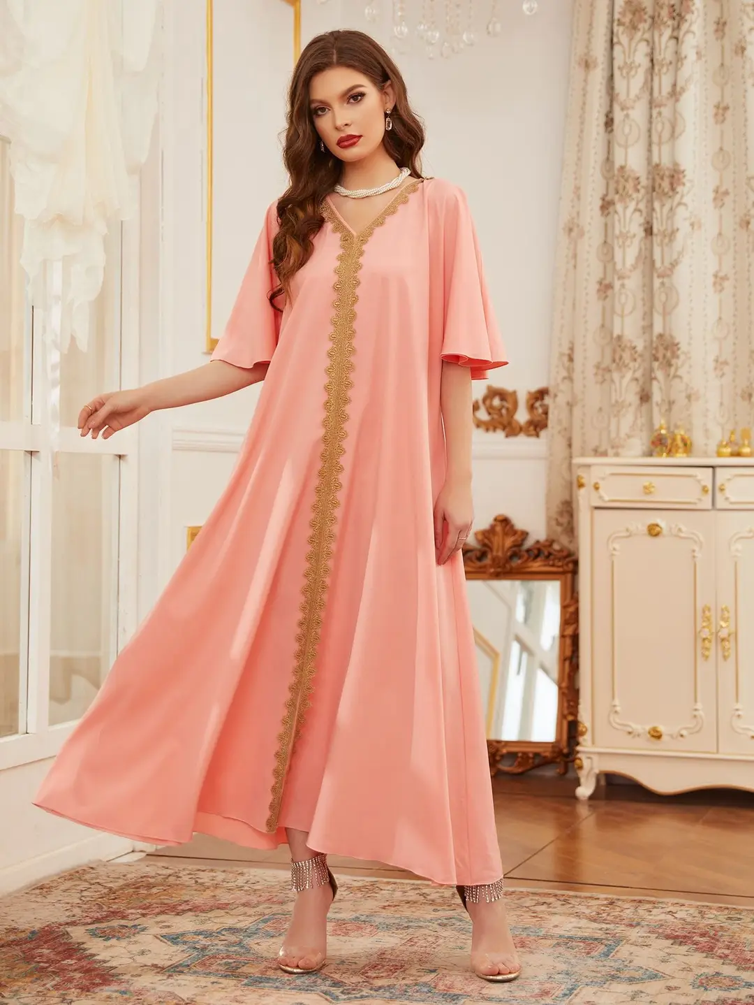 2025 Cross-Border European and American Foreign Trade Women's Ethnic Style Solid Color Dress with Appliqué Trim