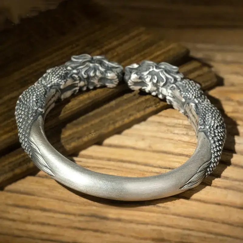 Fortune-Attracting Wide Double Pixiu Imitation Sterling Silver Bracelet, Vintage Thick Personalized Open Bangle, Distressed Men's Chinese Style