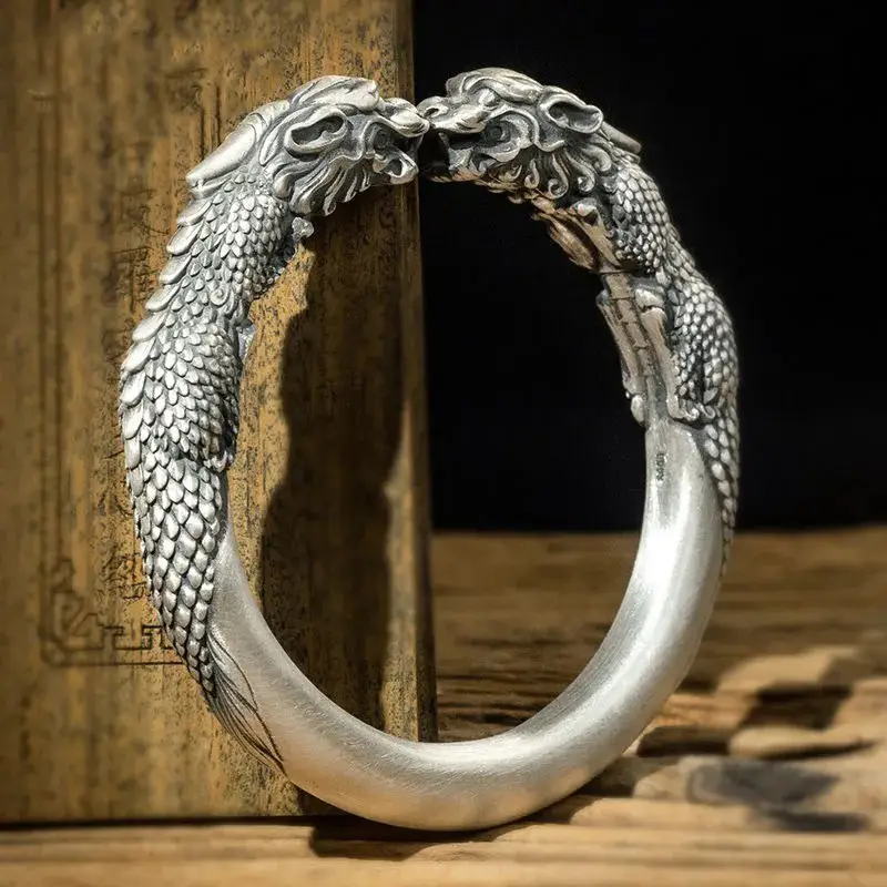 Fortune-Attracting Wide Double Pixiu Imitation Sterling Silver Bracelet, Vintage Thick Personalized Open Bangle, Distressed Men's Chinese Style