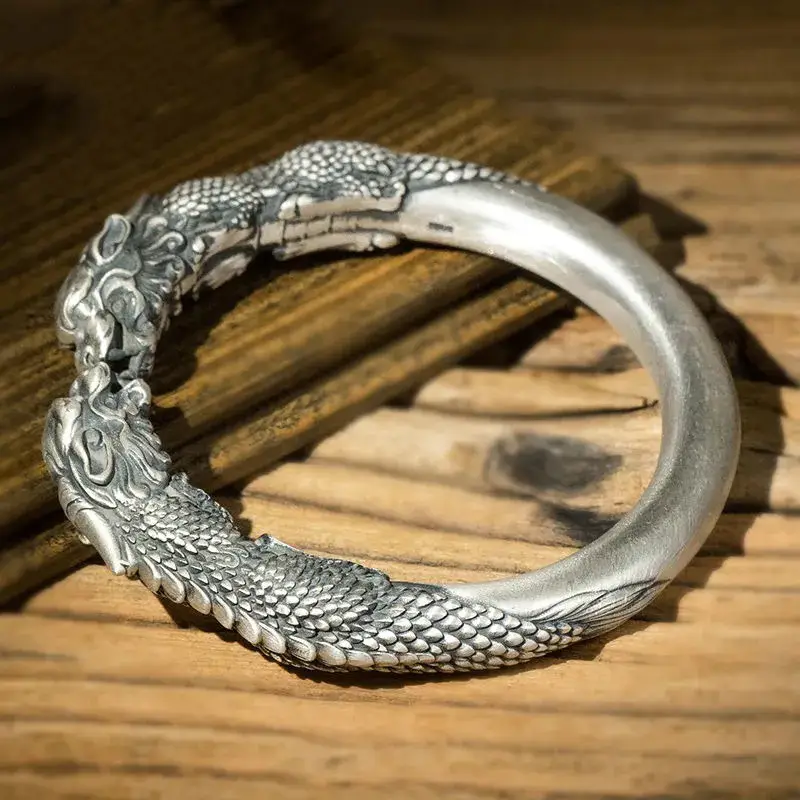 Fortune-Attracting Wide Double Pixiu Imitation Sterling Silver Bracelet, Vintage Thick Personalized Open Bangle, Distressed Men's Chinese Style