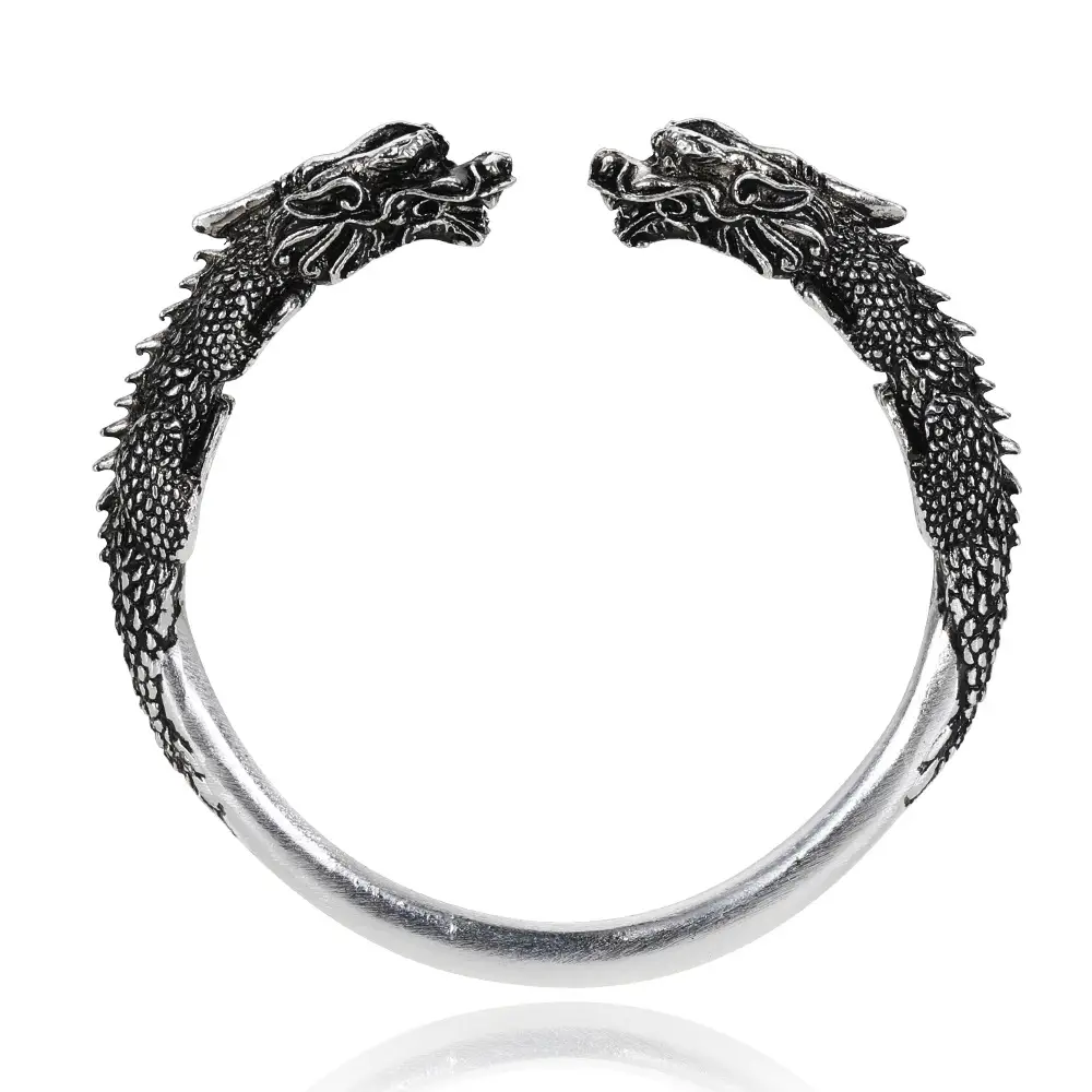 Fortune-Attracting Wide Double Pixiu Imitation Sterling Silver Bracelet, Vintage Thick Personalized Open Bangle, Distressed Men's Chinese Style