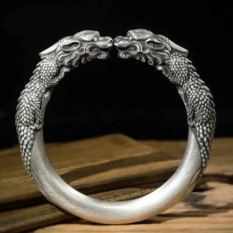 Fortune-Attracting Wide Double Pixiu Imitation Sterling Silver Bracelet, Vintage Thick Personalized Open Bangle, Distressed Men's Chinese Style