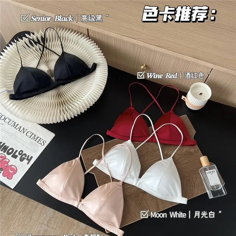 Cross-Border Satin French-Style Triangle Cup Bra for Small Busts, Sexy Leopard Print Front-Clasp Thin Strap Beauty Back Bra