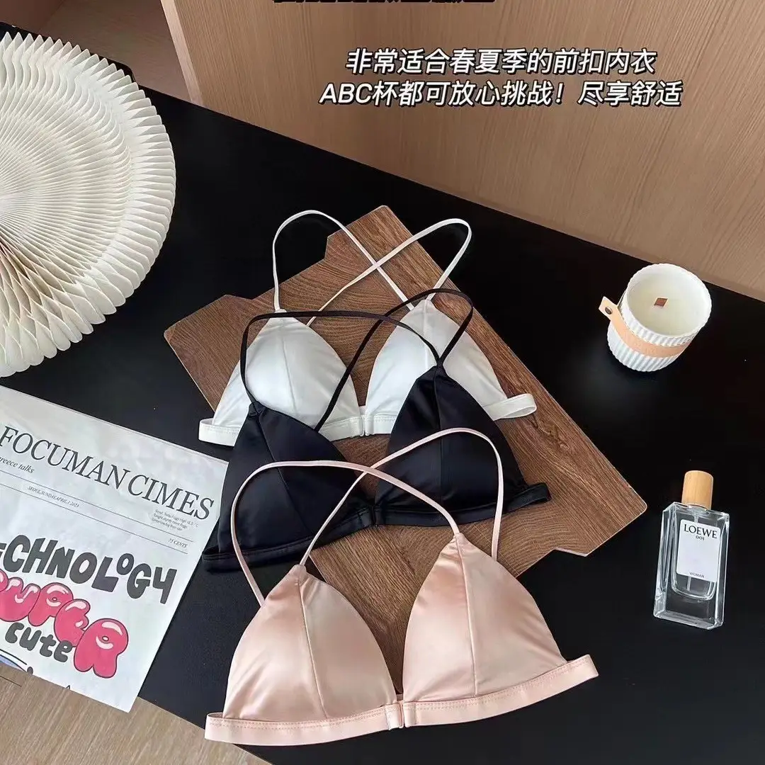 Cross-Border Satin French-Style Triangle Cup Bra for Small Busts, Sexy Leopard Print Front-Clasp Thin Strap Beauty Back Bra