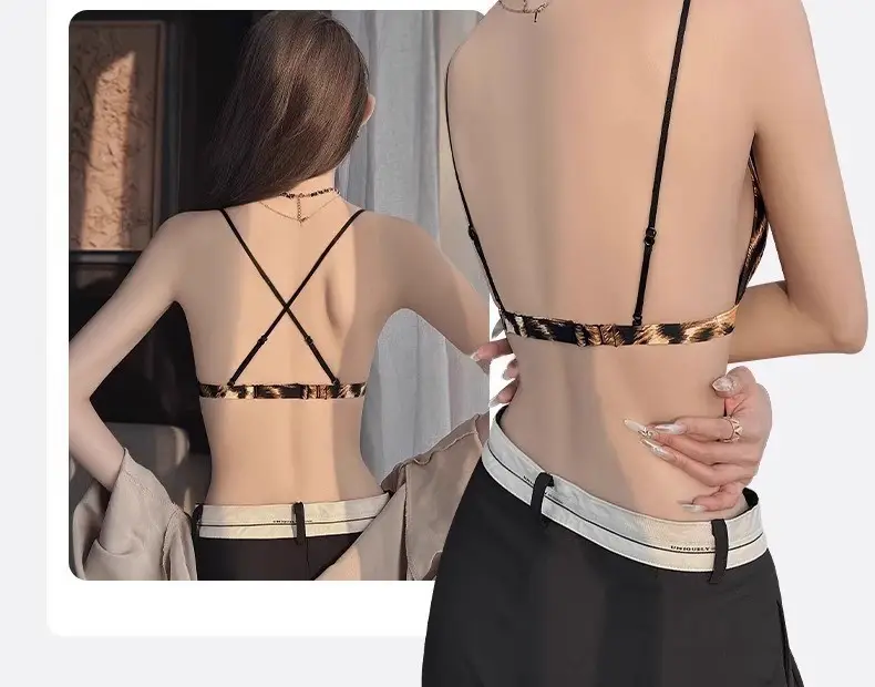 Cross-Border Satin French-Style Triangle Cup Bra for Small Busts, Sexy Leopard Print Front-Clasp Thin Strap Beauty Back Bra — feature 8