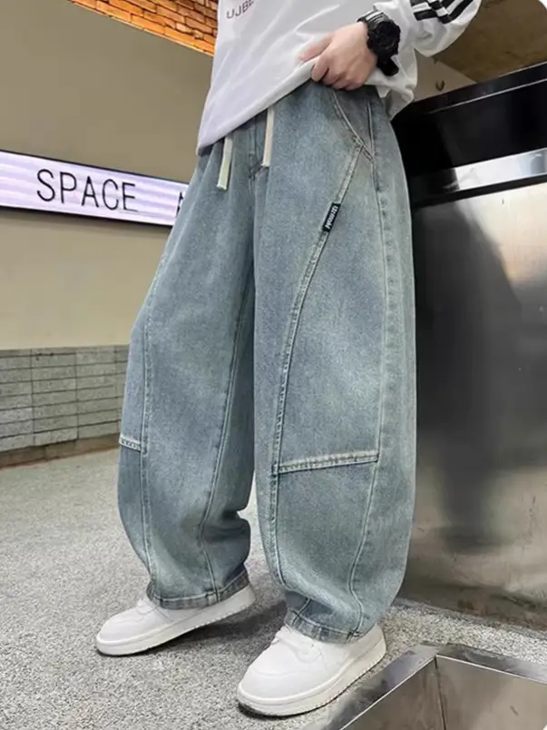 Boys' Curved-Cut Jeans Spring and Autumn 2025 New Style Children's Wide-Leg Pants Spring Outfit for Older Boys Cool and Stylish Style