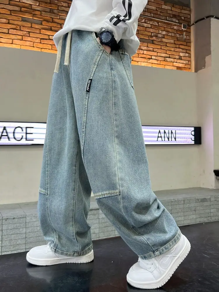 Boys' Curved-Cut Jeans Spring and Autumn 2025 New Style Children's Wide-Leg Pants Spring Outfit for Older Boys Cool and Stylish Style