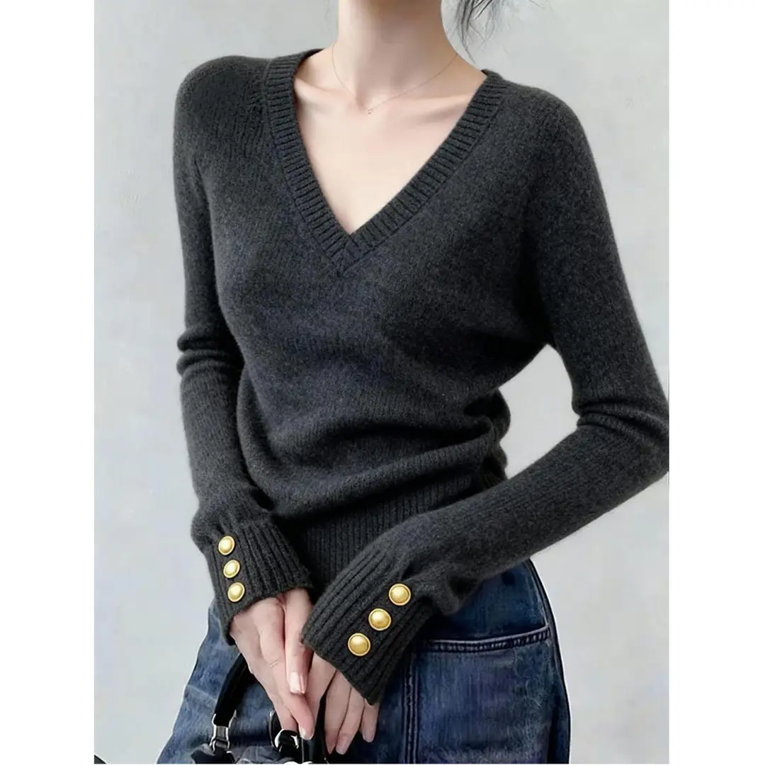2026 Autumn/Winter Hong Kong Style Soft Knit Sweater Versatile V-Neck Slimming Women's Long Sleeve Sweater Cross-Border Wholesale