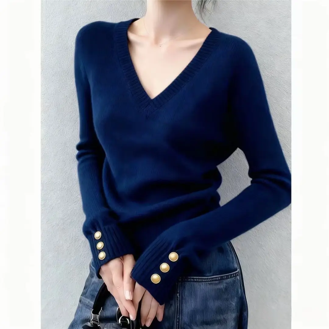 2026 Autumn/Winter Hong Kong Style Soft Knit Sweater Versatile V-Neck Slimming Women's Long Sleeve Sweater Cross-Border Wholesale