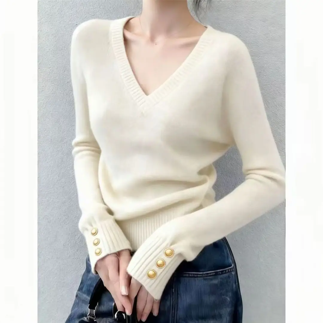 2026 Autumn/Winter Hong Kong Style Soft Knit Sweater Versatile V-Neck Slimming Women's Long Sleeve Sweater Cross-Border Wholesale