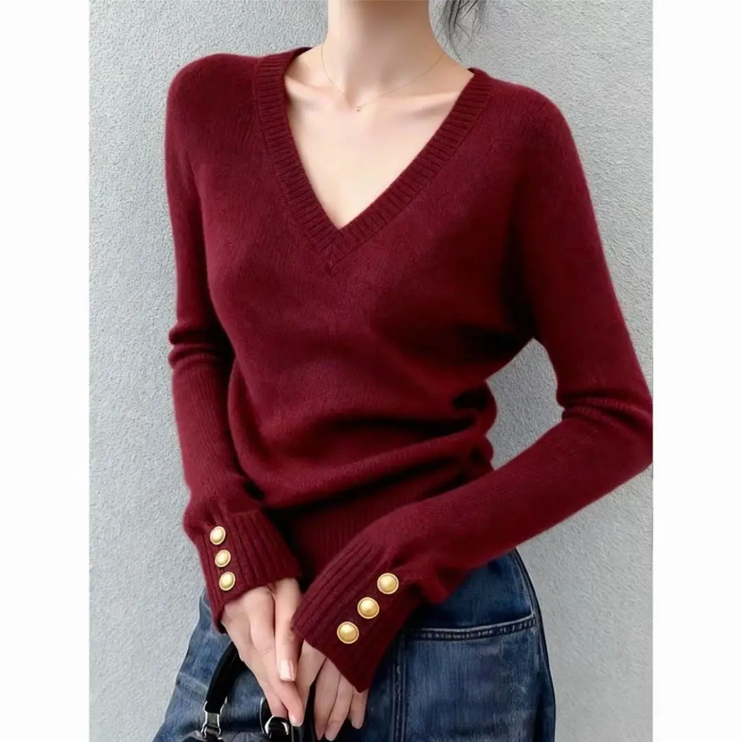 2026 Autumn/Winter Hong Kong Style Soft Knit Sweater Versatile V-Neck Slimming Women's Long Sleeve Sweater Cross-Border Wholesale
