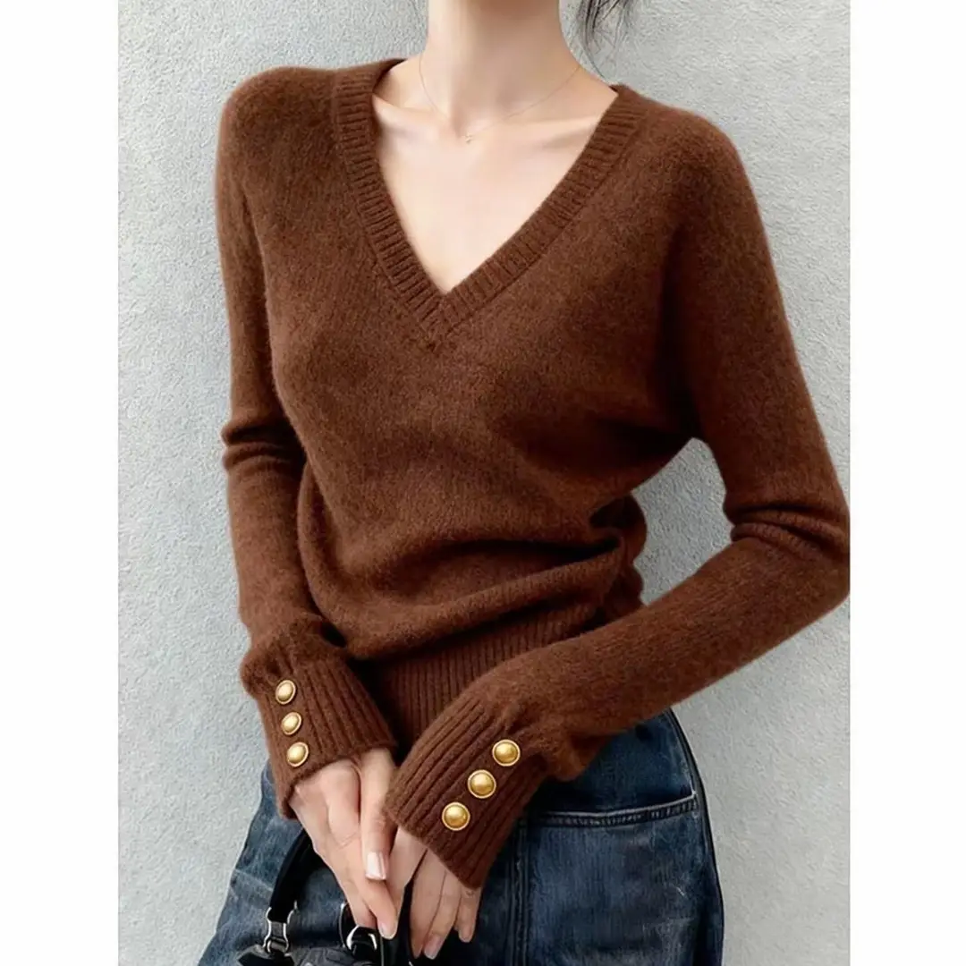 2026 Autumn/Winter Hong Kong Style Soft Knit Sweater Versatile V-Neck Slimming Women's Long Sleeve Sweater Cross-Border Wholesale