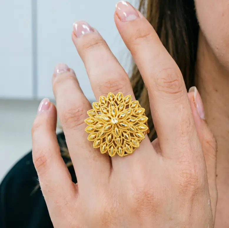 Cross-Border E-Commerce Vintage Carved Copper Gold-Plated Flower and Leaf Ring, Ins-Style European and American Light Luxury Hollow-Out Statement Ring