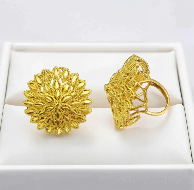 Cross-Border E-Commerce Vintage Carved Copper Gold-Plated Flower and Leaf Ring, Ins-Style European and American Light Luxury Hollow-Out Statement Ring — feature 6