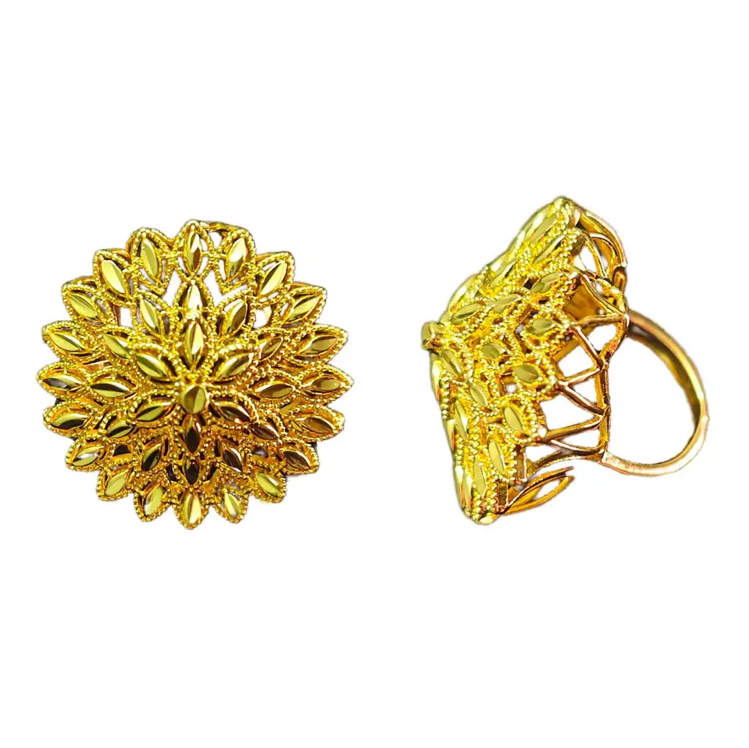 Cross-Border E-Commerce Vintage Carved Copper Gold-Plated Flower and Leaf Ring, Ins-Style European and American Light Luxury Hollow-Out Statement Ring — feature 7
