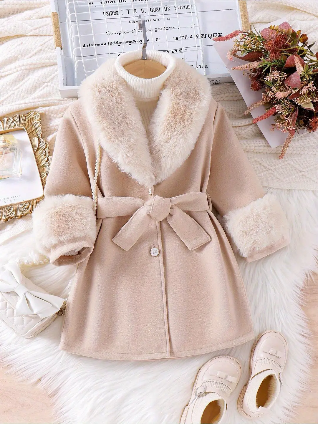 Girls' Outwear Autumn and Winter Foreign Trade Style Children's Clothing Fashionable Fur Collar Cardigan Mid-Length Woolen Coat for Older Children
