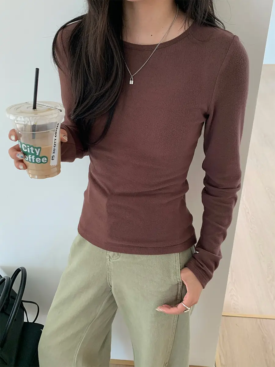 Huang Zheng Basic Embroidered Brushed T-Shirt for Women, Winter Korean Style, Elastic Slim Fit, Slimming Inner Layer Base Shirt 530867