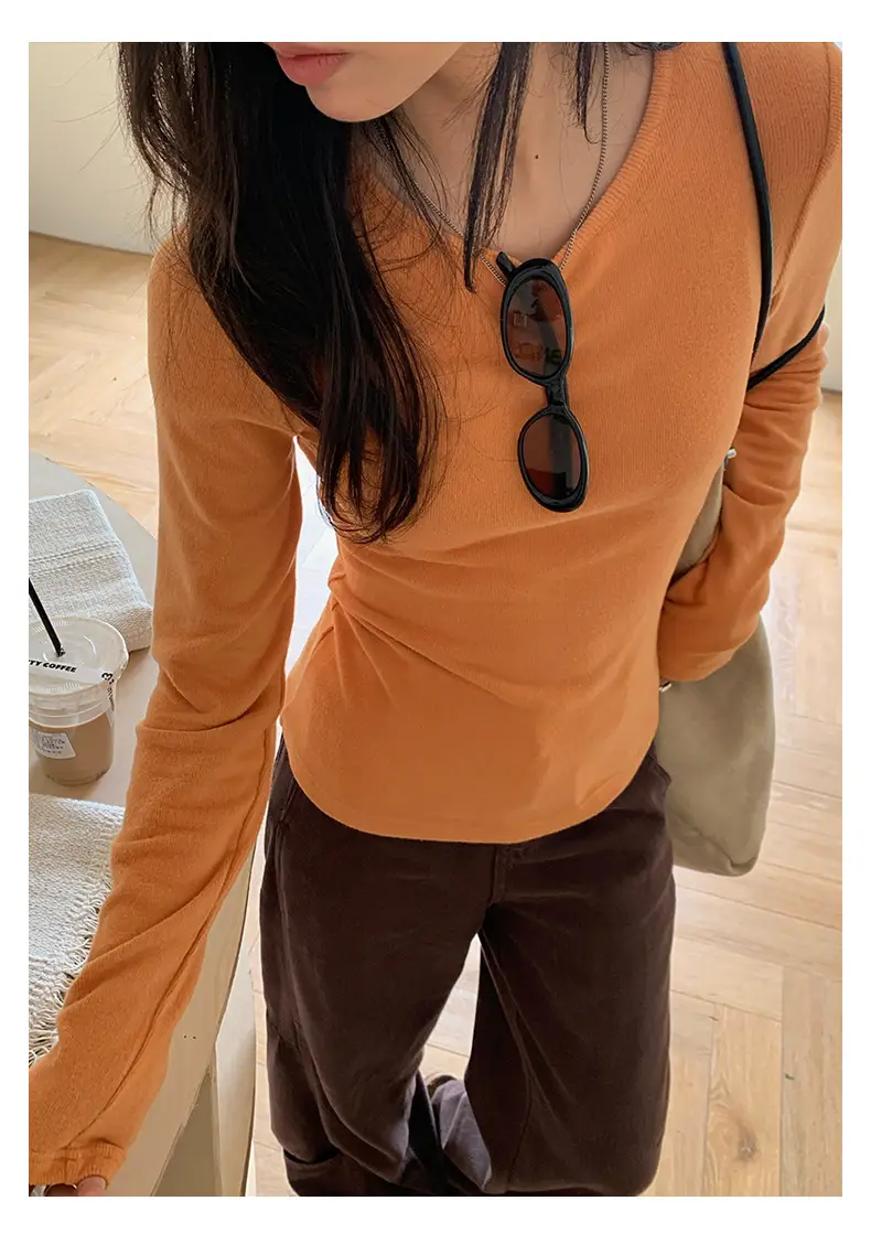Huang Zheng Basic Embroidered Brushed T-Shirt for Women, Winter Korean Style, Elastic Slim Fit, Slimming Inner Layer Base Shirt 530867 — feature 12