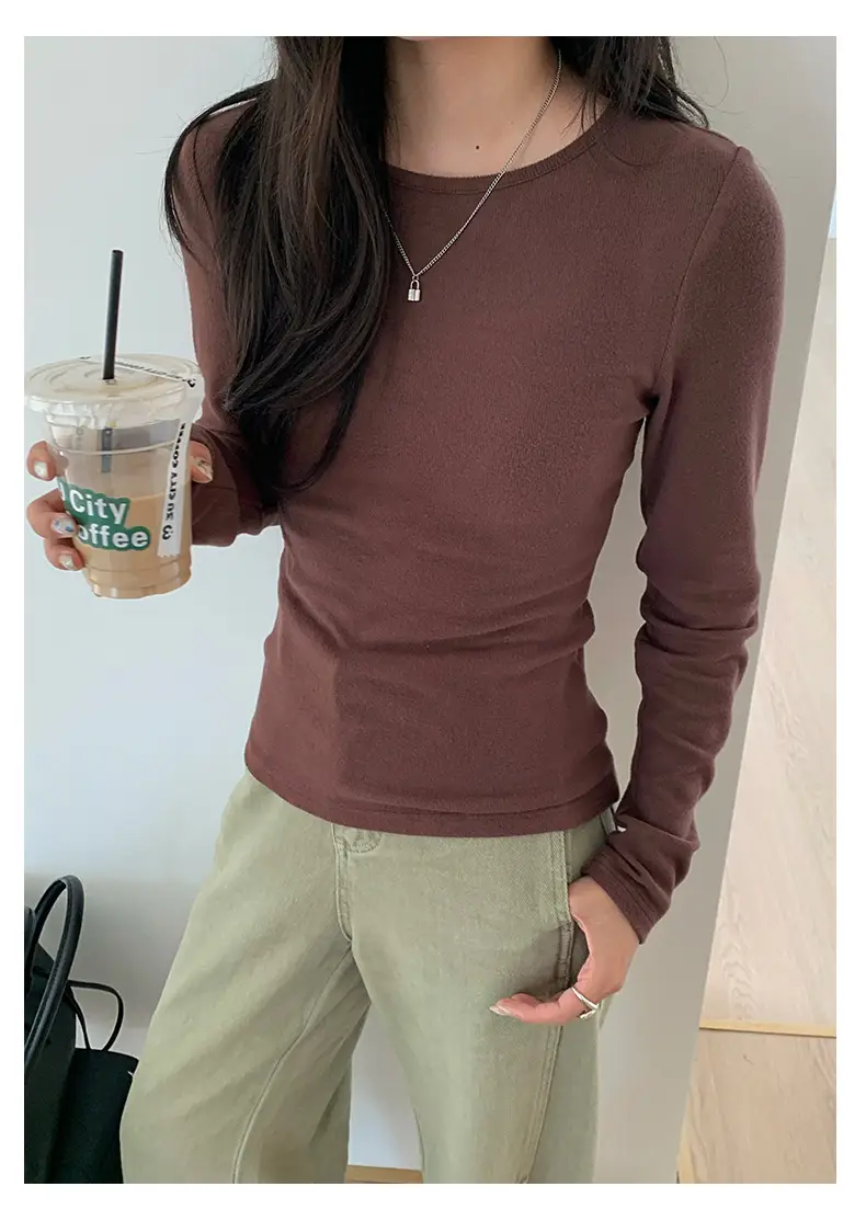 Huang Zheng Basic Embroidered Brushed T-Shirt for Women, Winter Korean Style, Elastic Slim Fit, Slimming Inner Layer Base Shirt 530867 — feature 14