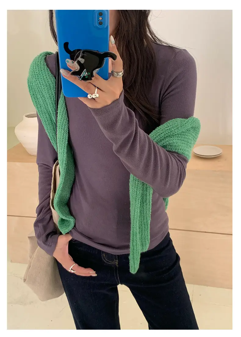 Huang Zheng Basic Embroidered Brushed T-Shirt for Women, Winter Korean Style, Elastic Slim Fit, Slimming Inner Layer Base Shirt 530867 — feature 23