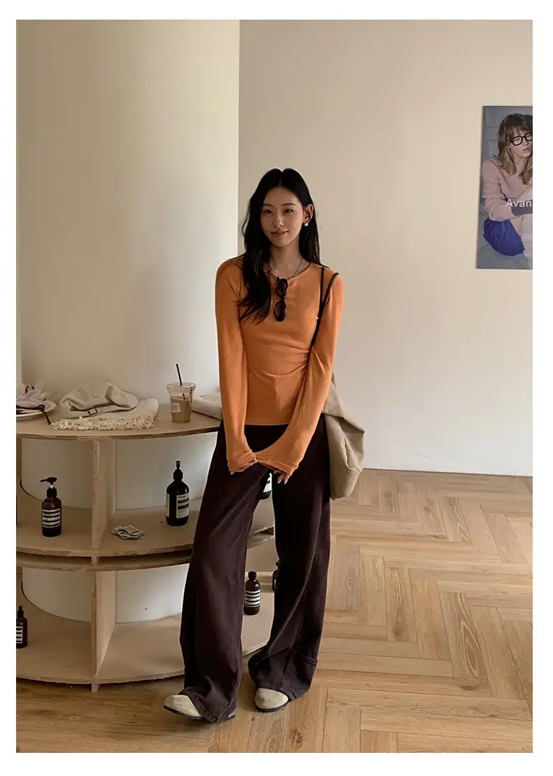 Huang Zheng Basic Embroidered Brushed T-Shirt for Women, Winter Korean Style, Elastic Slim Fit, Slimming Inner Layer Base Shirt 530867 — feature 5