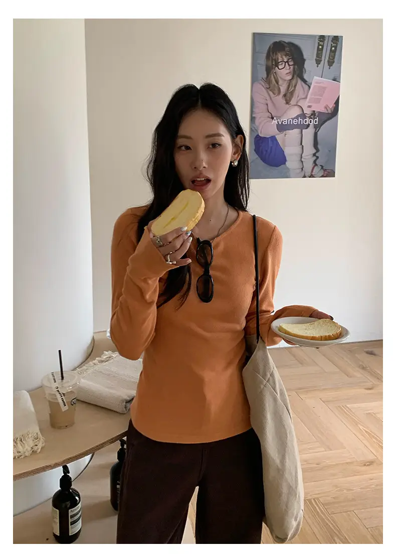 Huang Zheng Basic Embroidered Brushed T-Shirt for Women, Winter Korean Style, Elastic Slim Fit, Slimming Inner Layer Base Shirt 530867 — feature 8