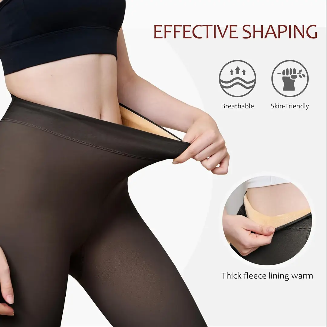 Black Translucent Pantyhose Leggings with Fleece Lining, Tight-Fitting Transparent Women's Tights - Faux Semi-Transparent Thermal Pantyhose