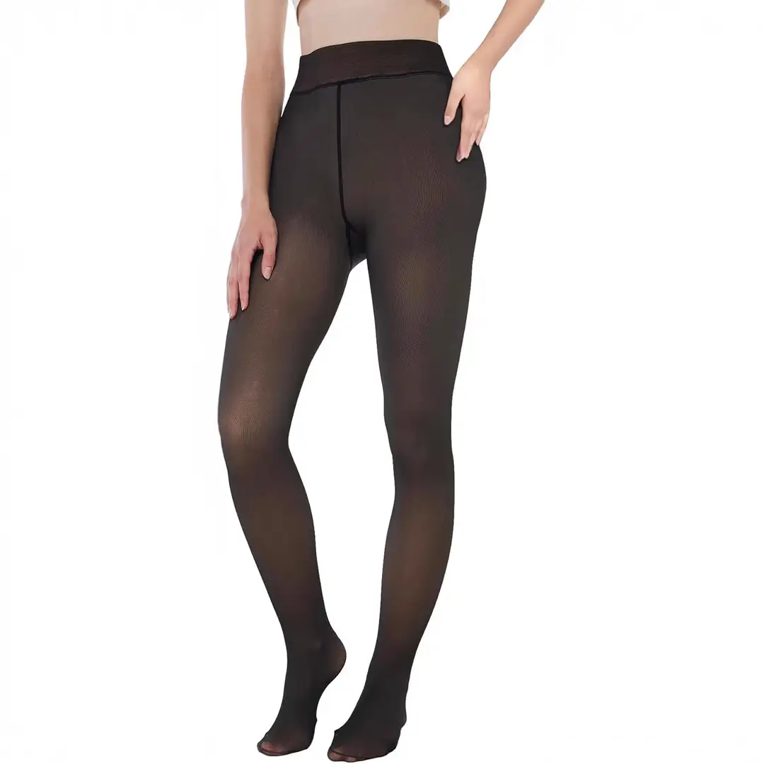 Black Translucent Pantyhose Leggings with Fleece Lining, Tight-Fitting Transparent Women's Tights - Faux Semi-Transparent Thermal Pantyhose