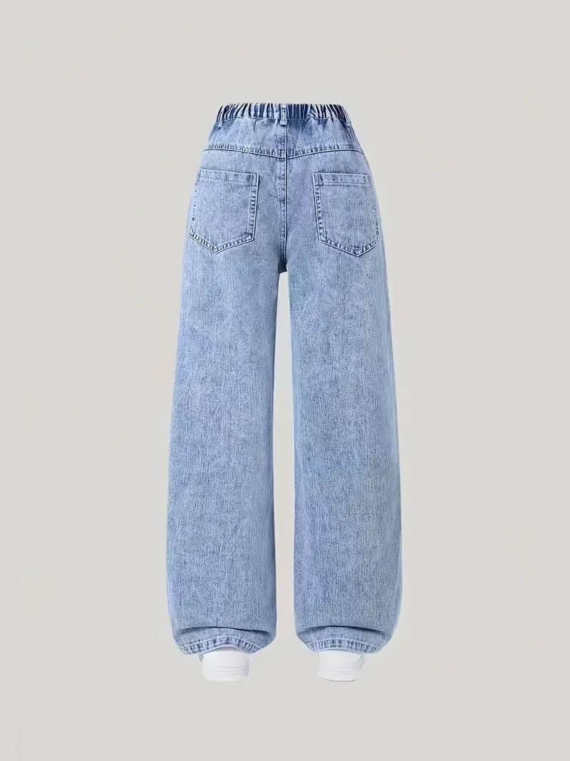 Cross-Border Girls' Spring and Autumn Jeans New Style for Older Children, Loose Casual Straight-Leg Pants, Stylish Versatile Wide-Leg Pants for Kids
