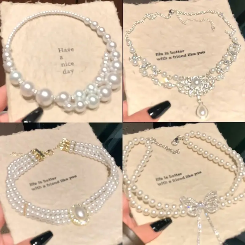 Wedding Necklace Korean Retro Palace Hepburn Style Pearl Rhinestone Short Bridal Wedding Dress Clavicle Chain for Women Cross-Border