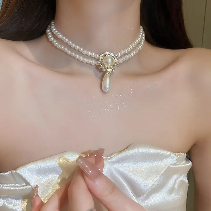 Wedding Necklace Korean Retro Palace Hepburn Style Pearl Rhinestone Short Bridal Wedding Dress Clavicle Chain for Women Cross-Border — feature 11